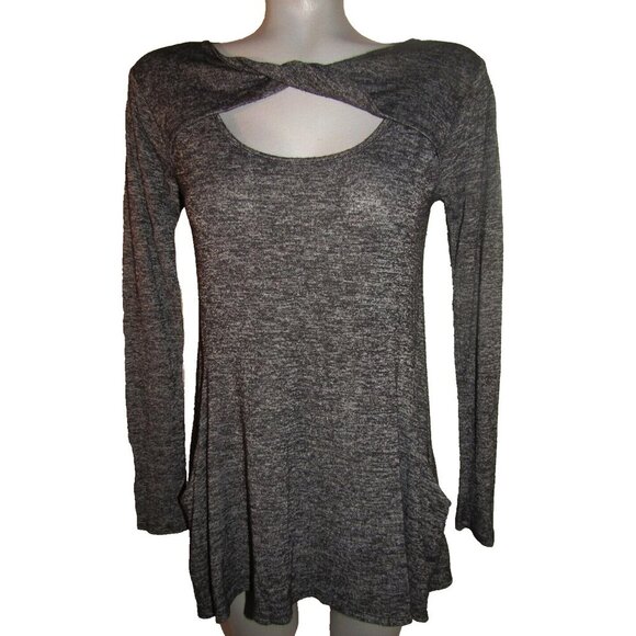 Maurices Tunic Sz Medium Heather Black Gray Knit Stretch Asymmetric Pockets Y2K - Picture 2 of 5